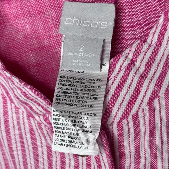Chicos Reversible Linen Jacket Size 2/12-14 Pink White Striped Snap Classic - Picture 12 of 13